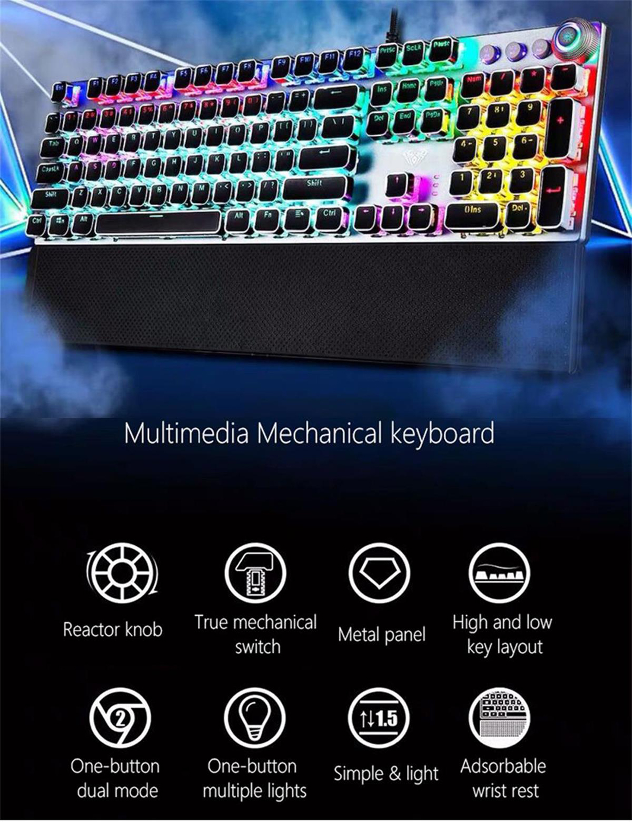 Mechanical Gaming Keyboard, LED Backlit Metal Panel 104 Antighosting